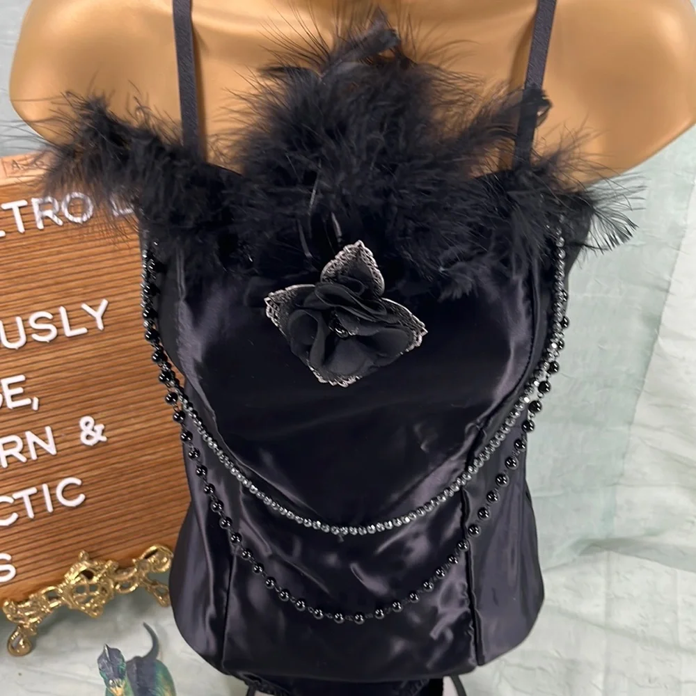 Leo’s Dancewear Black Leotard Unitard with Beads & Feathers | 12A